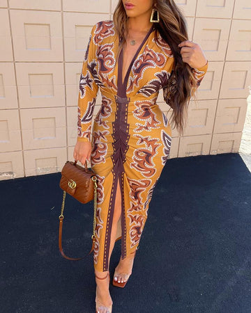 Vintage Floral Print Plunge V Neck Waist Ruched Dress Casual Slit Bodycon Midi Dress